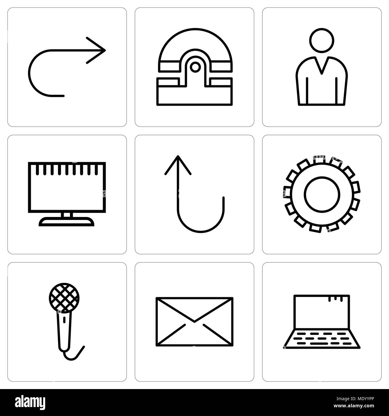 Set Of 9 simple editable icons such as Laptop, Closed envelope, Voice recorder, Gear, Cancel button, Television, Male avatar, Old phone, Arrow pointin Stock Vector