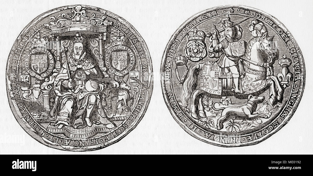 The Great Seal of James I.  James VI and I, 1566 –  1625.  King of Scotland as James VI from 24 July 1567 and King of England and Ireland as James I from 24 March 1603 - 1625.  From Old England: A Pictorial Museum, published 1847.  From Old England: A Pictorial Museum, published 1847. Stock Photo