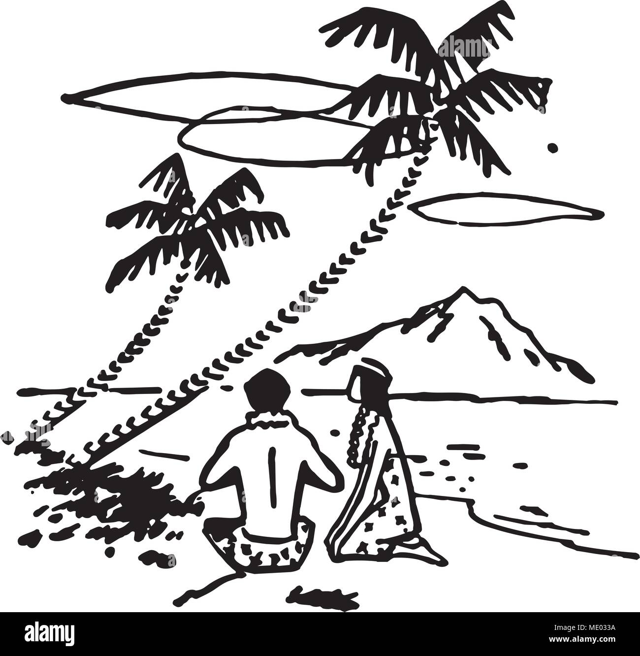 Couple Under Palm Trees - Retro Clipart Illustration Stock Vector