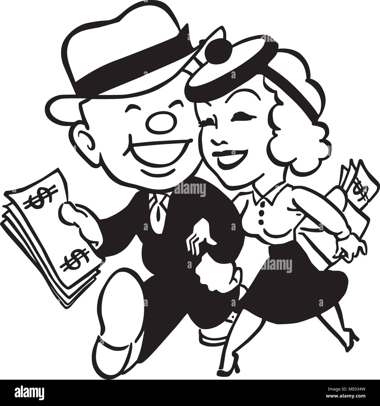 Couple With Money - Retro Clipart Illustration Stock Vector