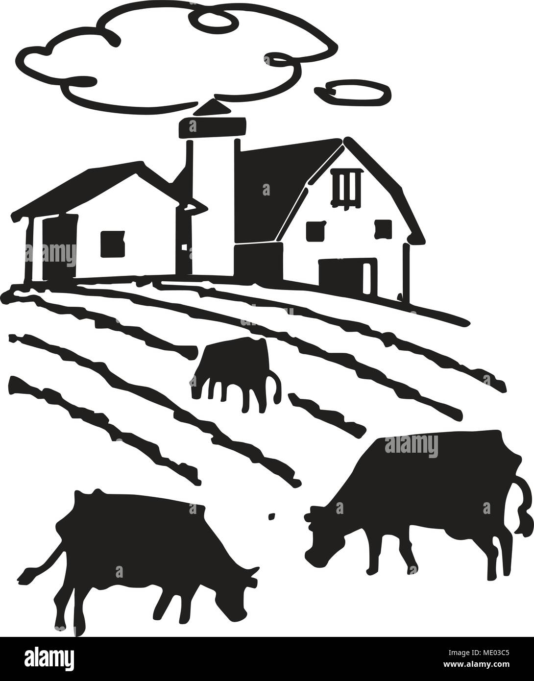 Cows Grazing On Farm - Retro Clipart Illustration Stock Vector