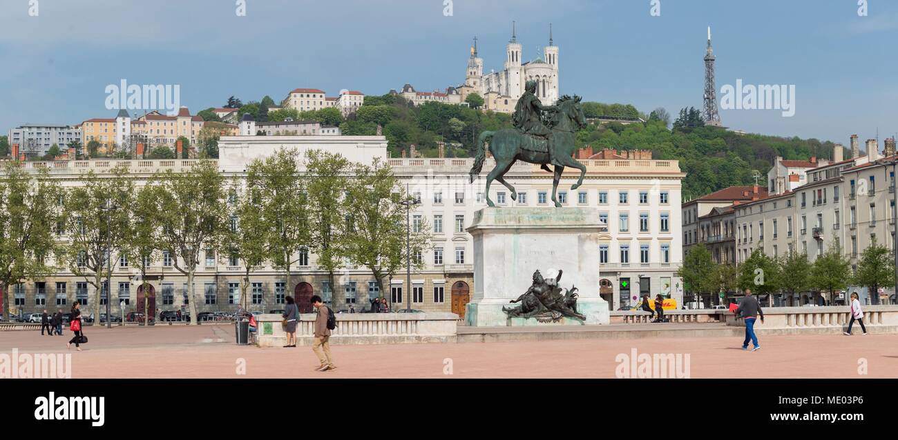 France, Lyon, Place Bellecourtyard, Equestrian statue of Louis XIV (1825), sculptor François Frédéric Lemot, Basilica Notre Dame de Fourvière, Stock Photo