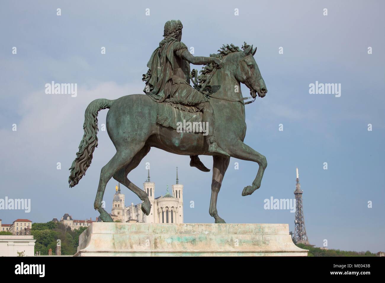 France, Lyon, Place Bellecourtyard, Equestrian statue of Louis XIV (1825), sculptor François Frédéric Lemot, Basilica Notre Dame de Fourvière, Stock Photo