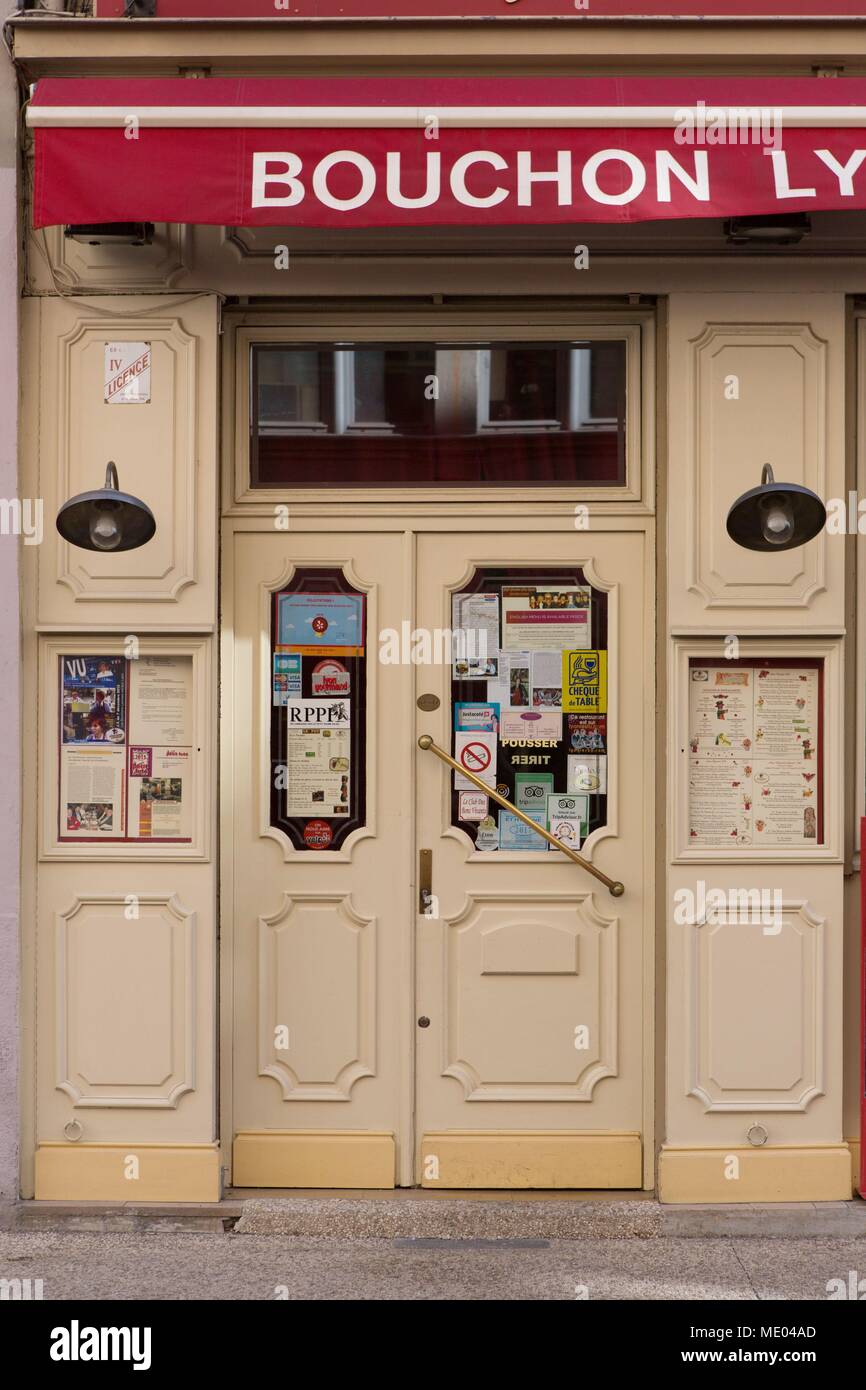 France, Lyon, Rue Tupin, bouchon lyonnais 'Chez Sylvie', typical restaurant and food, Stock Photo
