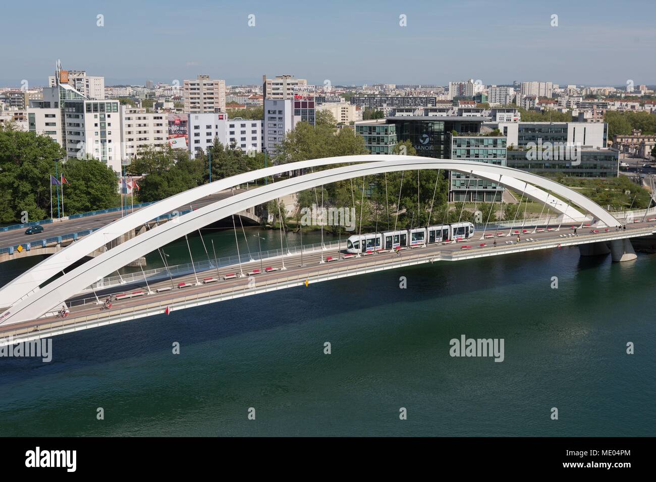France, Lyon, Musée des Confluences, architect : Agence Coop Himmelb(l)au, Pont Raymond Barre, Pont Pasteur over the Rhône Stock Photo