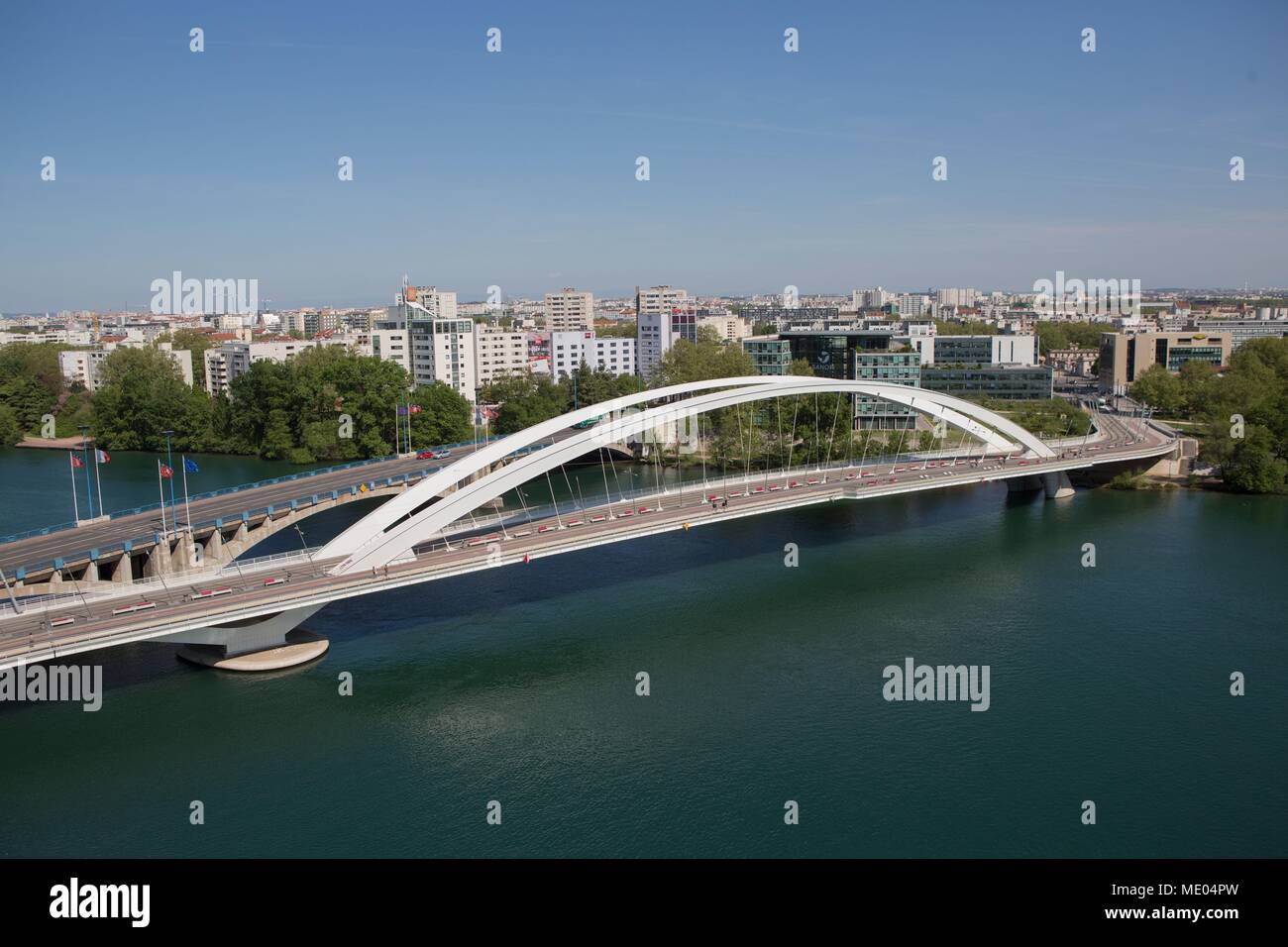 France, Lyon, Musée des Confluences, architect : Agence Coop Himmelb(l)au, Pont Raymond Barre, Pont Pasteur over the Rhône Stock Photo