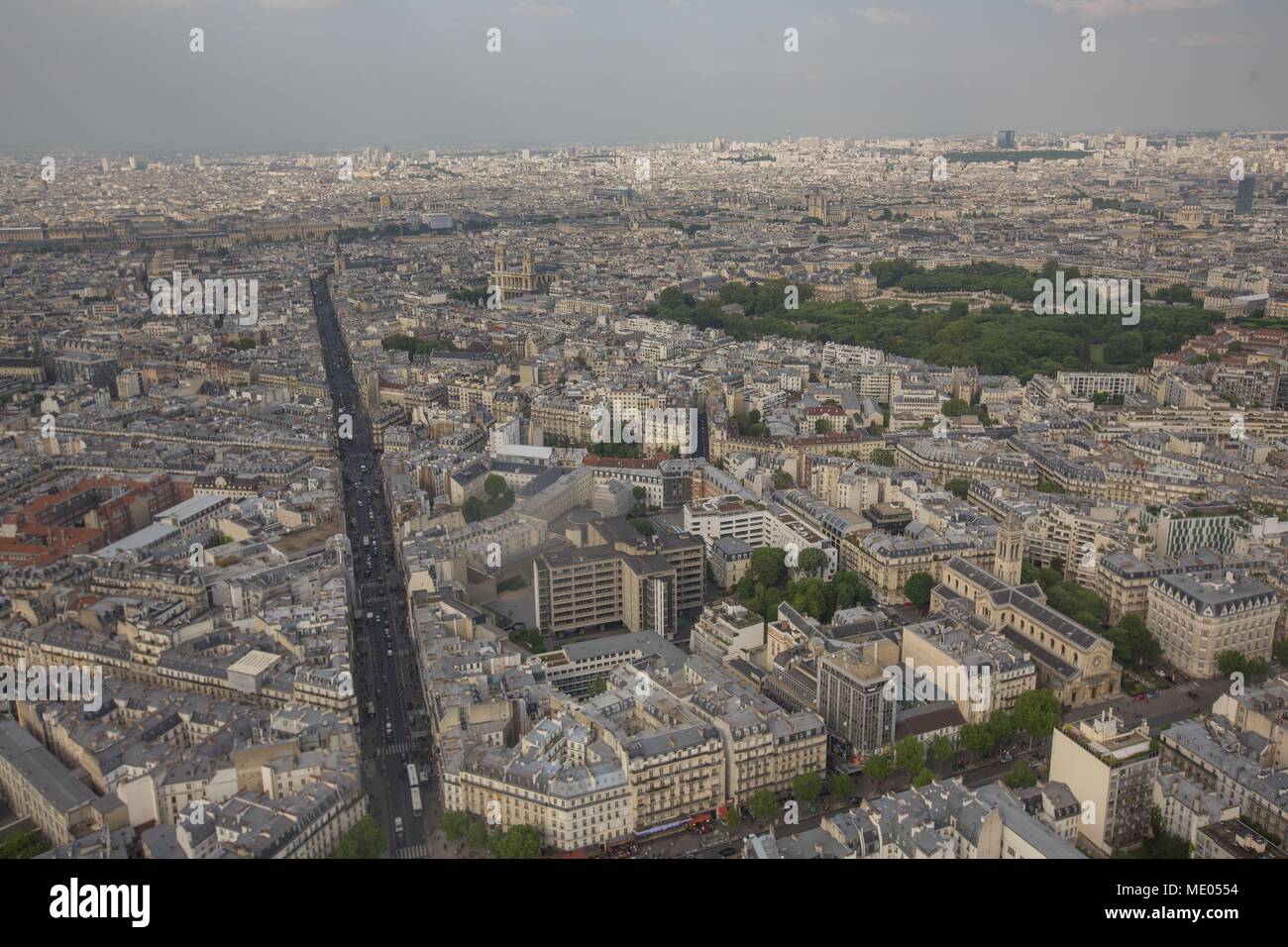 Aerial view of Paris from the 56th floor of the Tour Montparnasse, 6th arrondissement, Rue de Rennes, axe rouge, Stock Photo