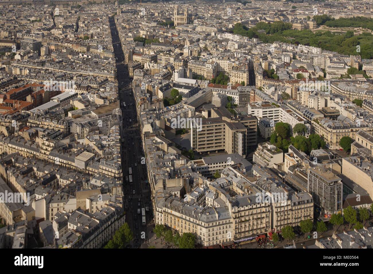 Aerial view of Paris from the 56th floor of the Tour Montparnasse, 6th arrondissement, angle of the rue de Rennes and of the Boulevard du Montparnasse Stock Photo