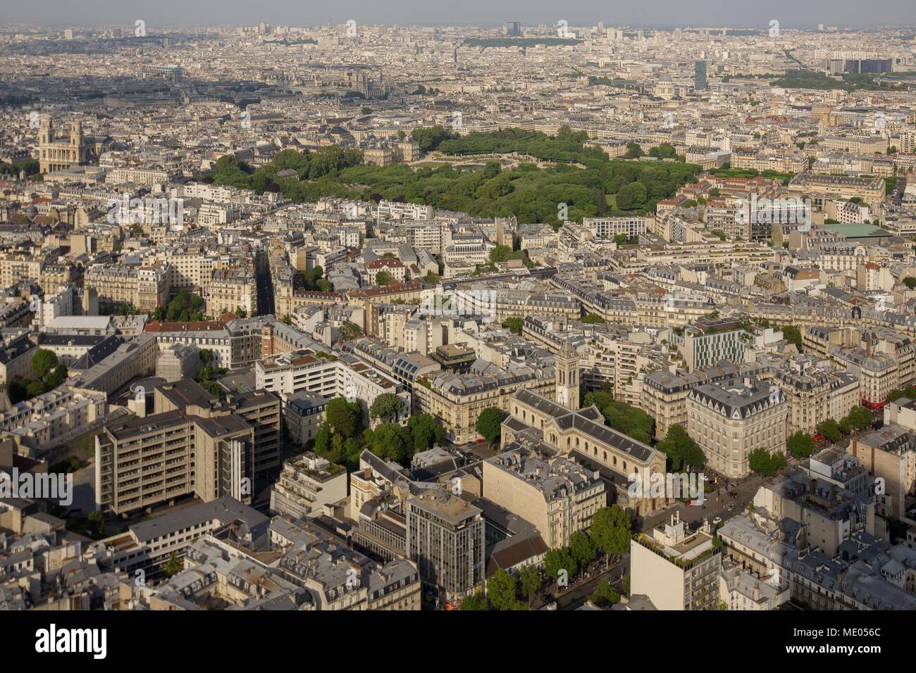 Aerial view of Paris from the 56th floor of the Tour Montparnasse, 6th arrondissement, Boulevard du Montparnasse, Stock Photo