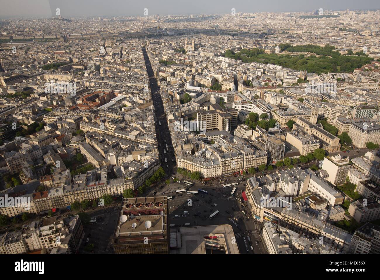 Aerial view of Paris from the 56th floor of the Tour Montparnasse, 6th arrondissement, angle of the rue de Rennes and of the Boulevard du Montparnasse Stock Photo