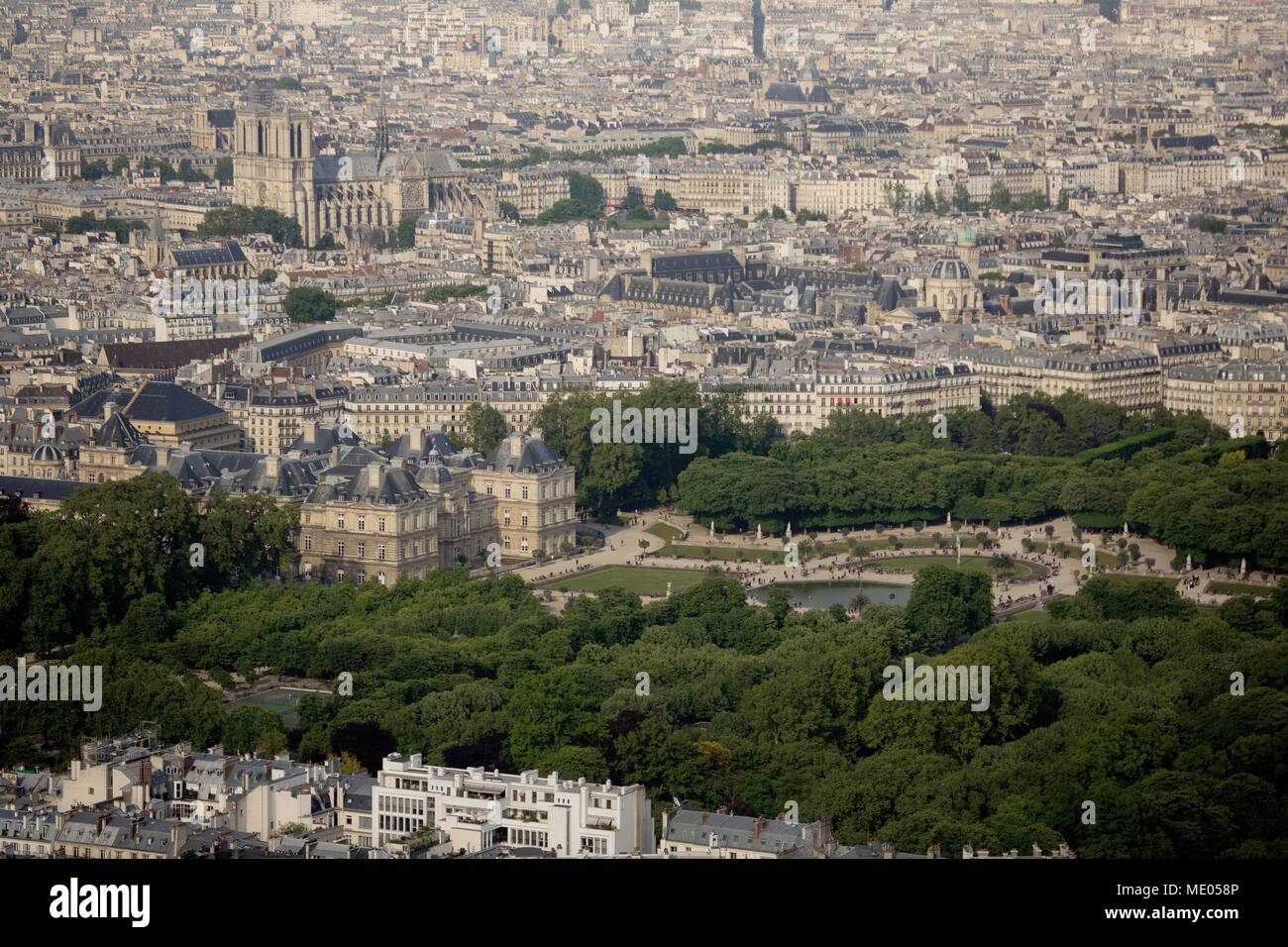 Aerial view of Paris from the 56th floor of the Tour Montparnasse, 6th arrondissement, Jardin du Luxembourg, French Senate, Palais du Luxembourg Stock Photo