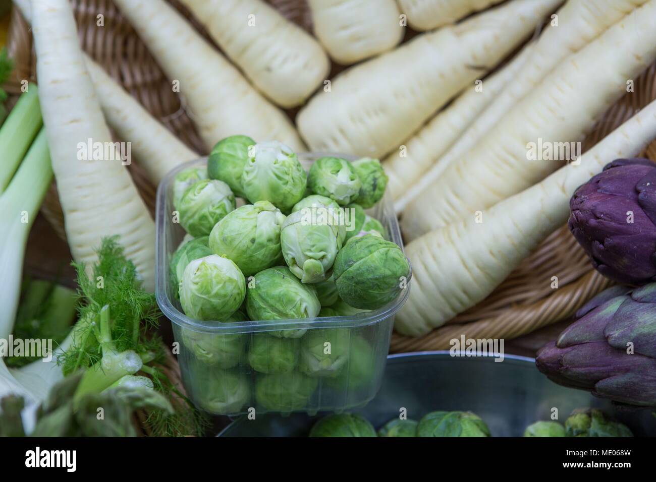 Paris, comerce food, shop, fruits and vegetables market, greengrocer's shop, parsnip, Brussels sprout Stock Photo