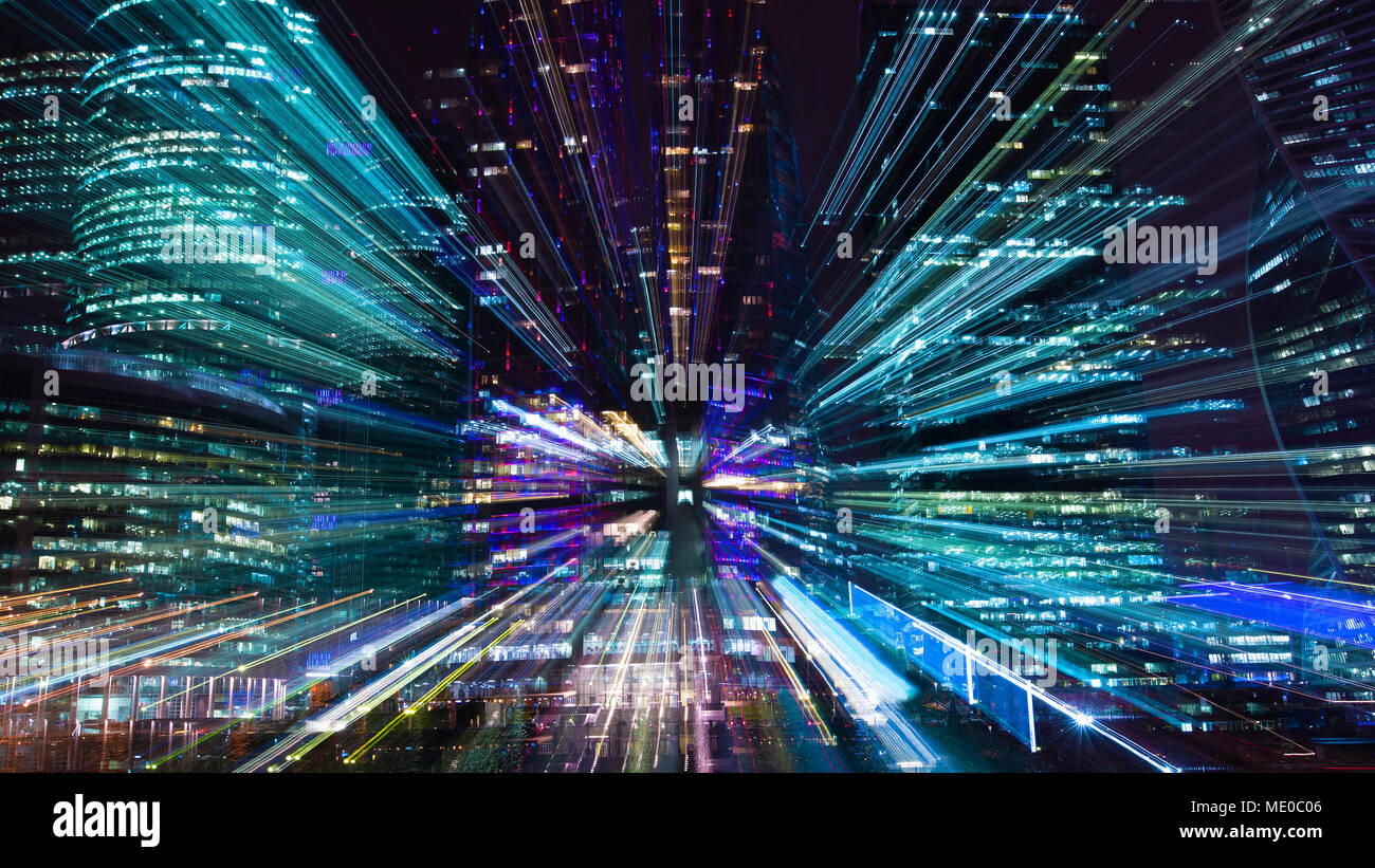 Hi-tech abstract background. Cityscape of skyscrapers of Moscow City Zooming Stock Photo