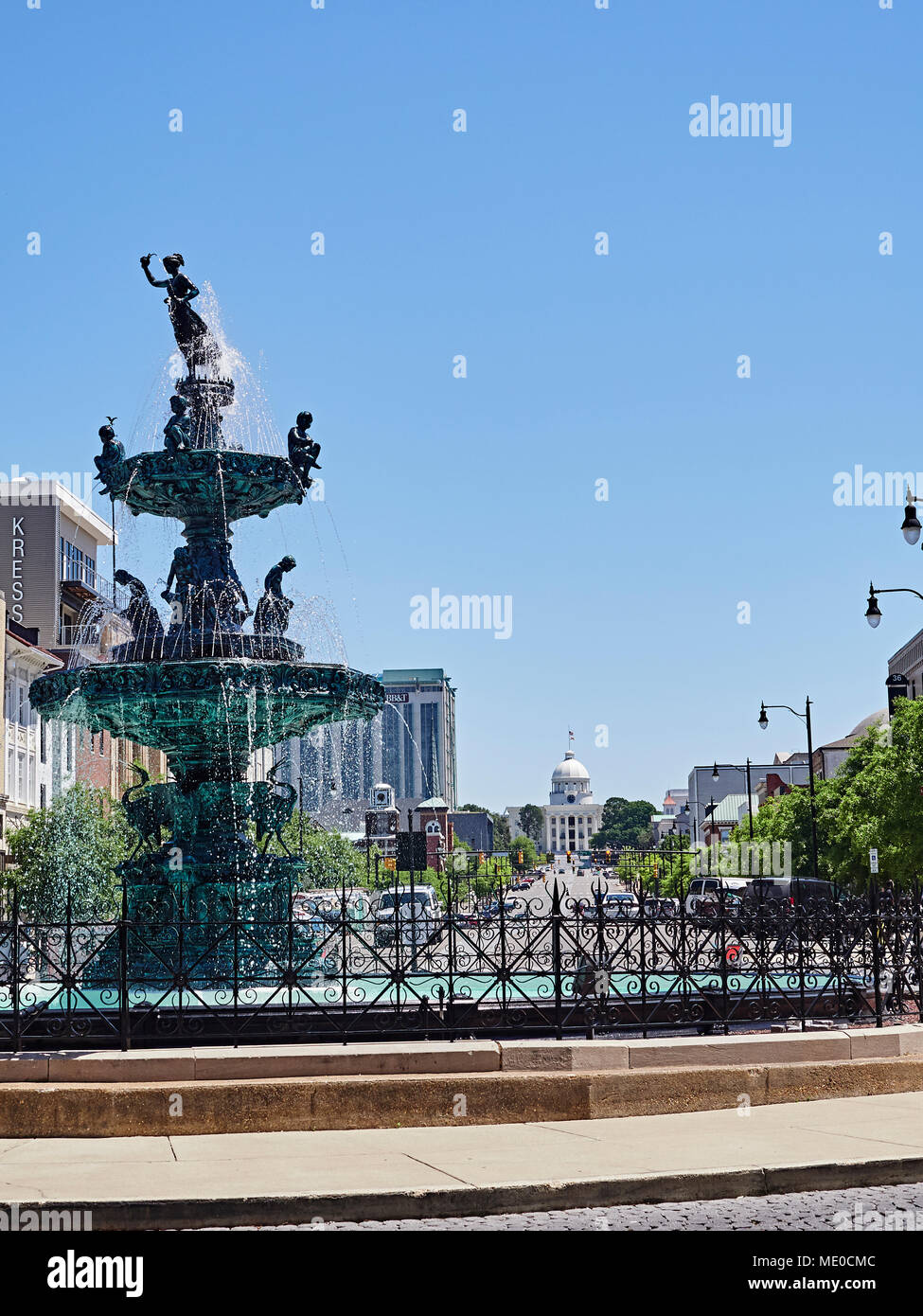 The Court Square fountain with a view east along Dexter Avenue, to the Alabama State Capitol building in Montgomery Alabama, USA. Stock Photo