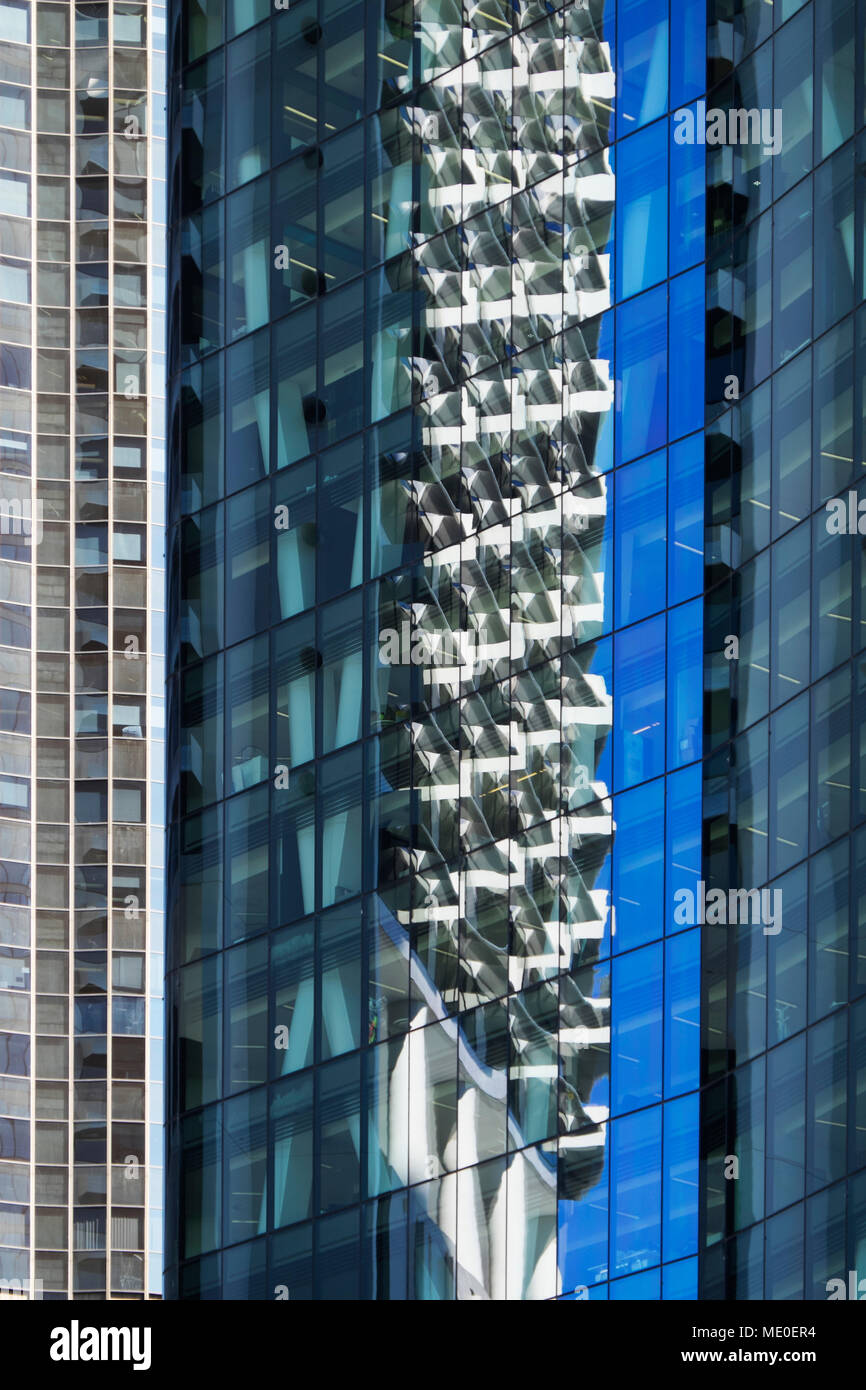 Close-up of reflections in glass windows of office buildings in Brisbane, Australia Stock Photo