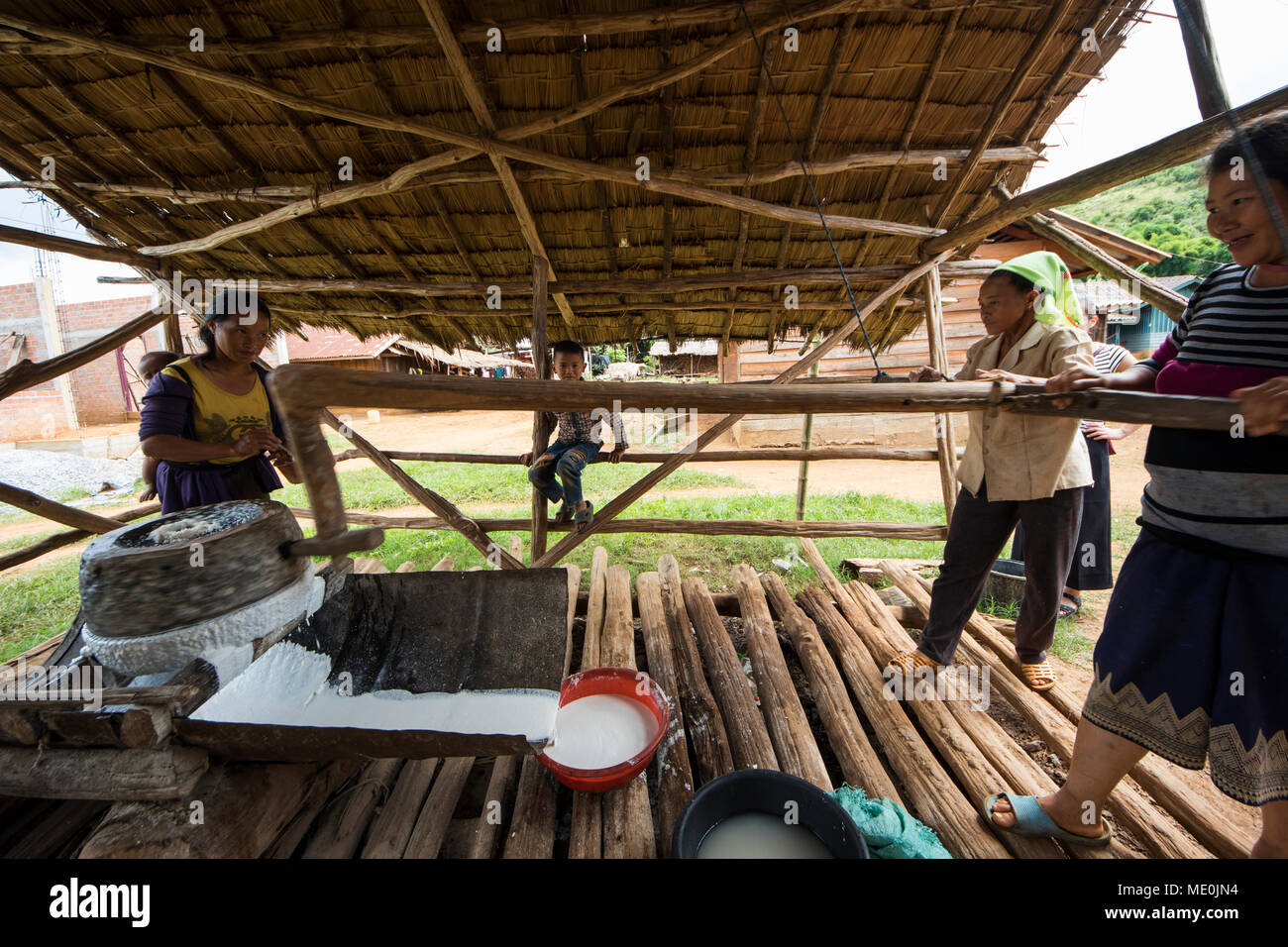 Hmong women grinding rice for the production of rice paper in Na Kam Peng, also called Bomb Village; Xiangkhouang, Laos Stock Photo