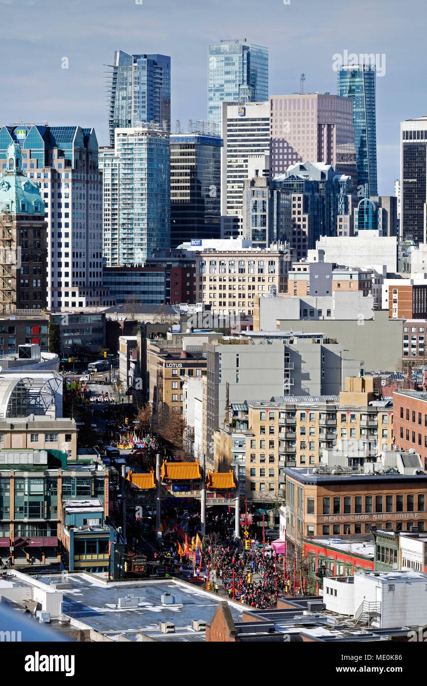Overview of city center with Millennium Gate in Chinatown during Chinese New Year Parade in Vancouver, British Columbia, Canada Stock Photo