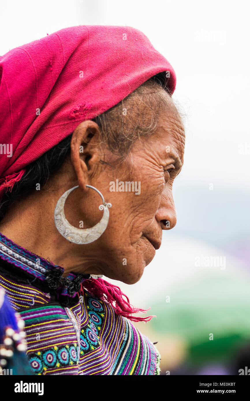 Portrait of a senior woman wearing a headscarf and earrings with colourful dress; Bac Ha, Lao Cai, Vietnam Stock Photo