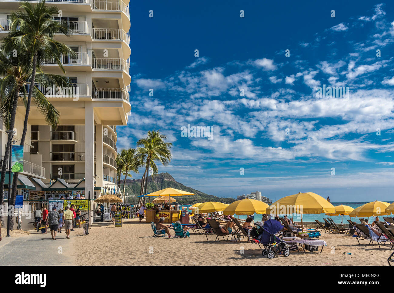 East end of Fort DeRussy boardwalk and beach umbrellas on Waikiki Beach