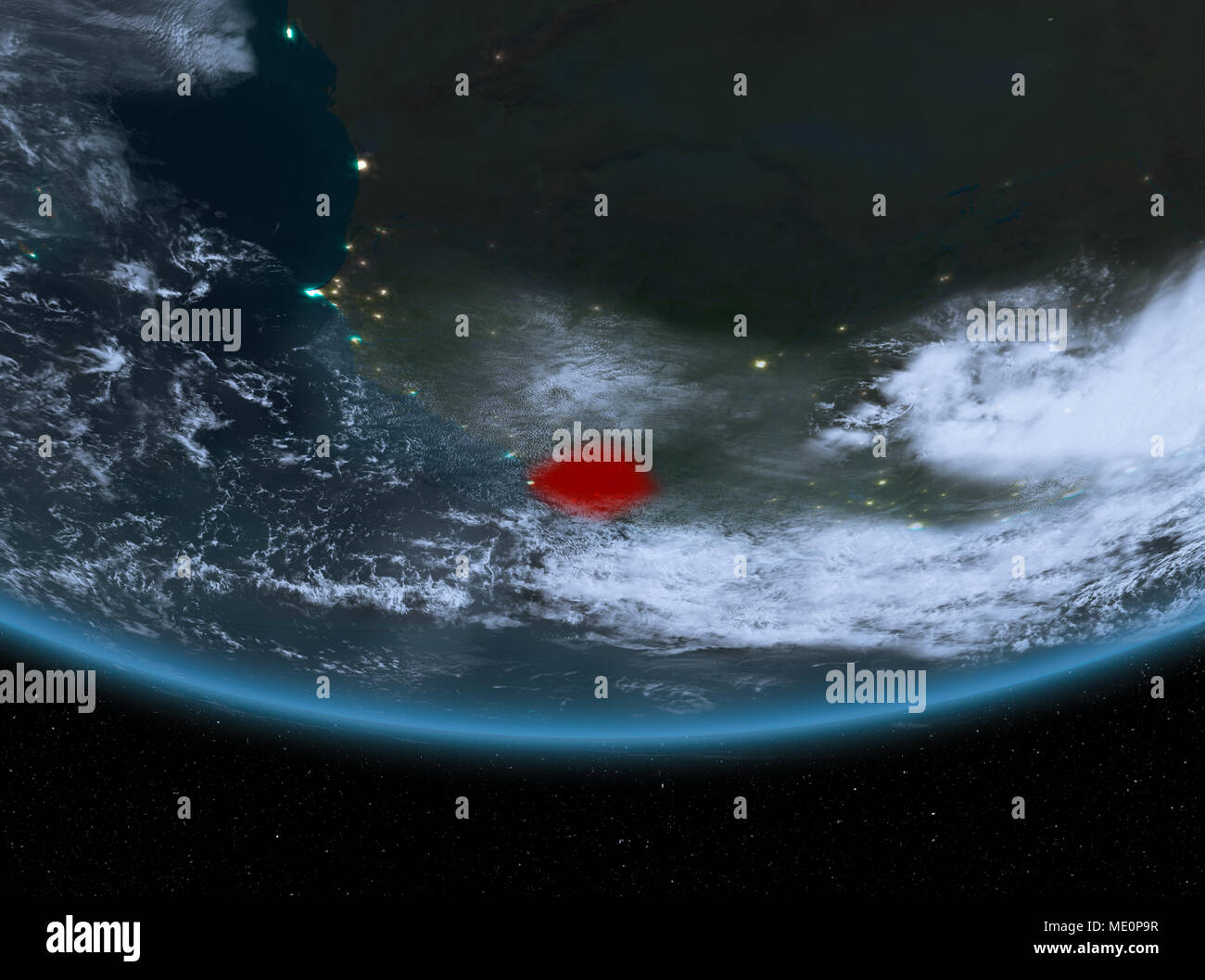 Sierra Leone at night highlighted in red on planet Earth with clouds ...