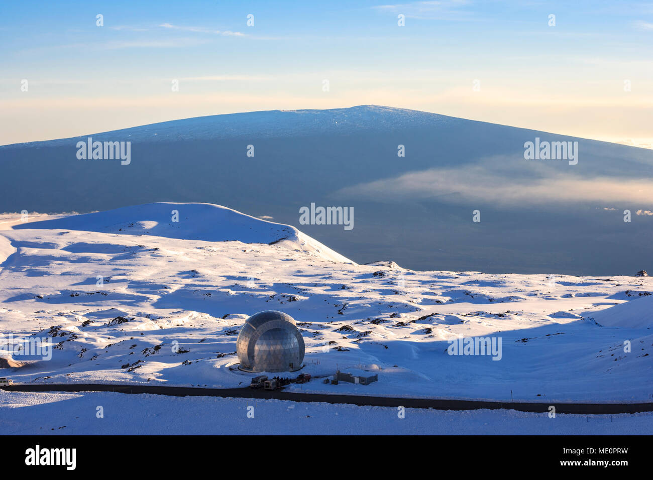 Decommissioned Caltech Submillimeter Observatory atop Mauna Kea with view to Mauna Loa; Island of Hawaii, Hawaii, United States of America Stock Photo