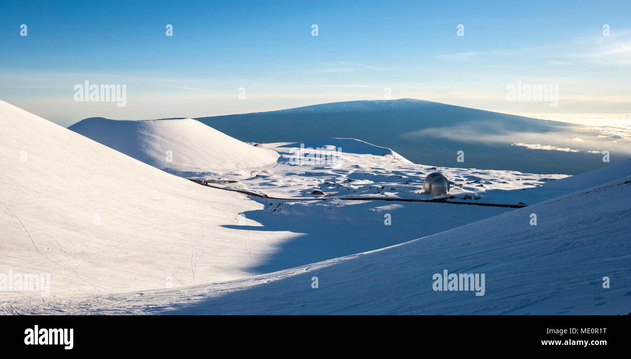 Decommissioned Caltech Submillimeter Observatory atop Mauna Kea with view to Mauna Loa; Island of Hawaii, Hawaii, United States of America Stock Photo