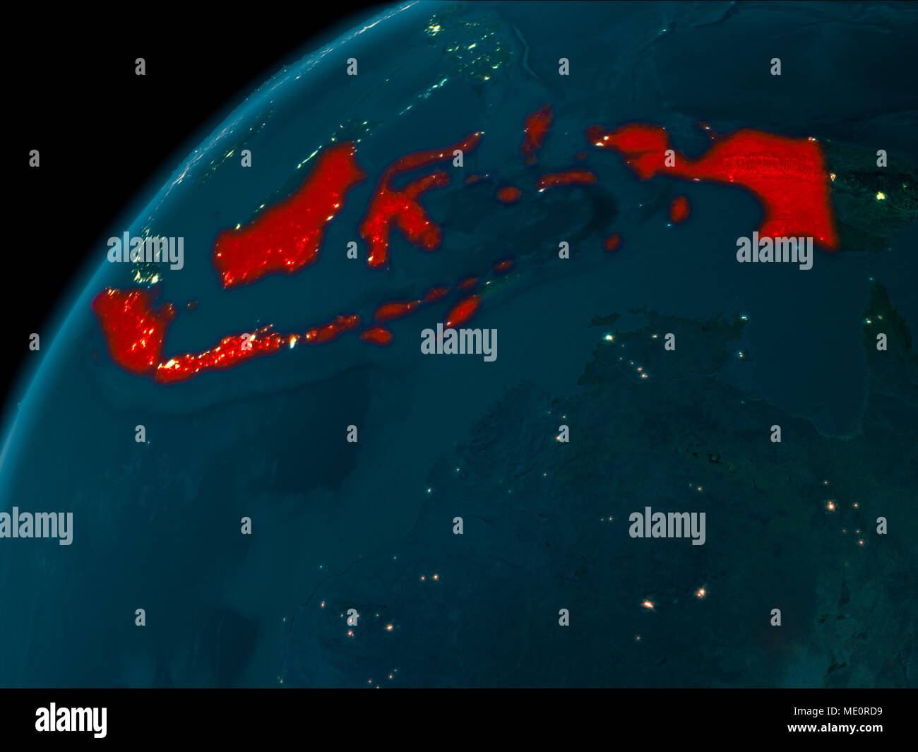 Night map of Indonesia as seen from space on planet Earth. 3D illustration. Elements of this image furnished by NASA. Stock Photo