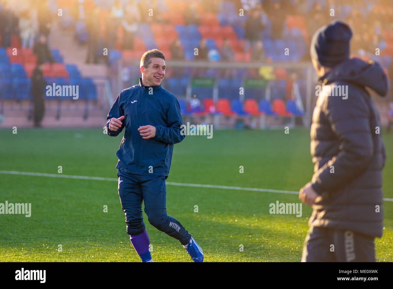 MINSK, BELARUS - APRIL 7, 2018: Nikita Bukatkin of FC Isloch before the Belarusian Premier League football match between FC Dynamo Minsk and FC Isloch Stock Photo