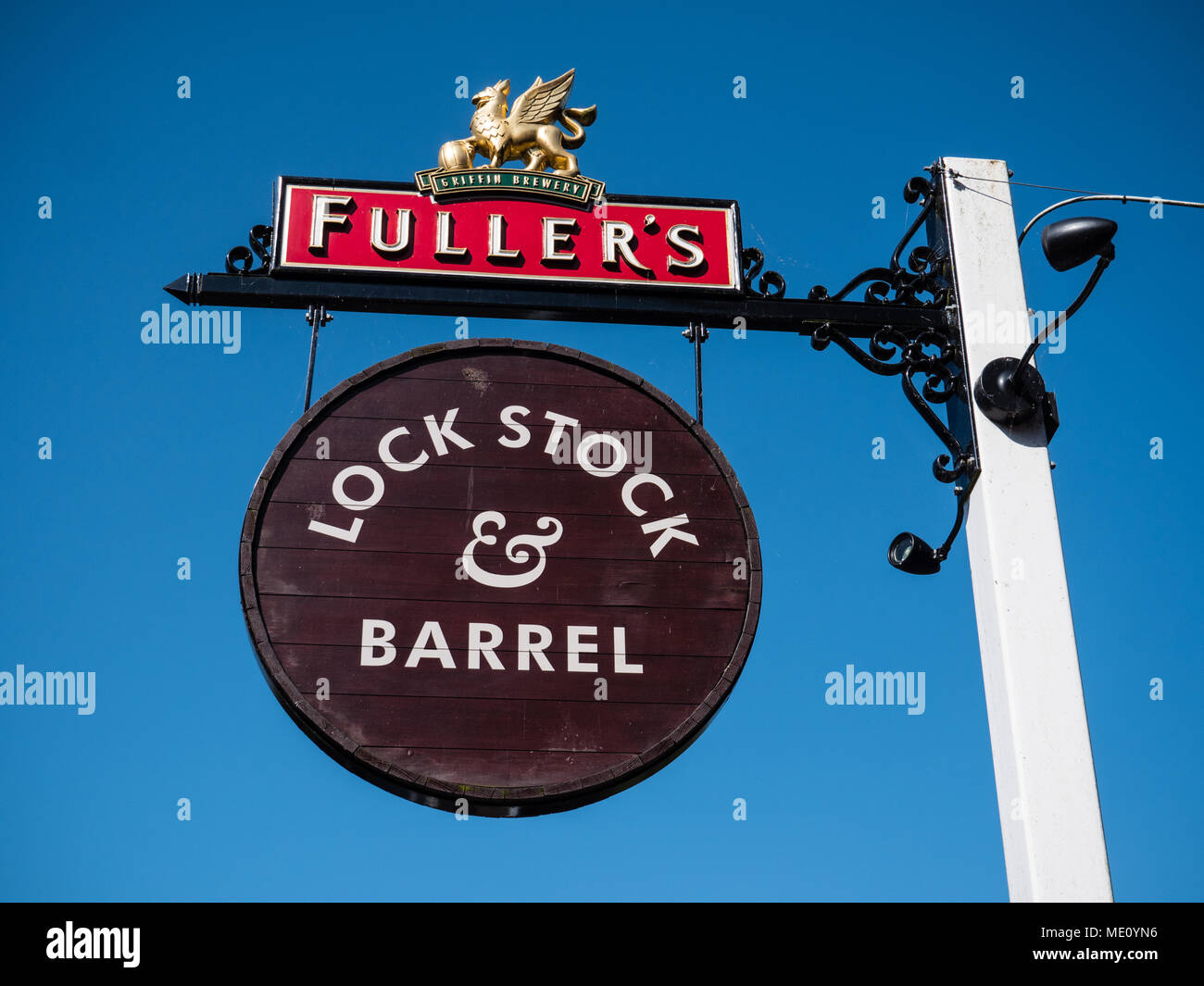 Lock Stock and Barrel Pub Sign, Newbury, Berkshire, England, UK, GB. Stock Photo