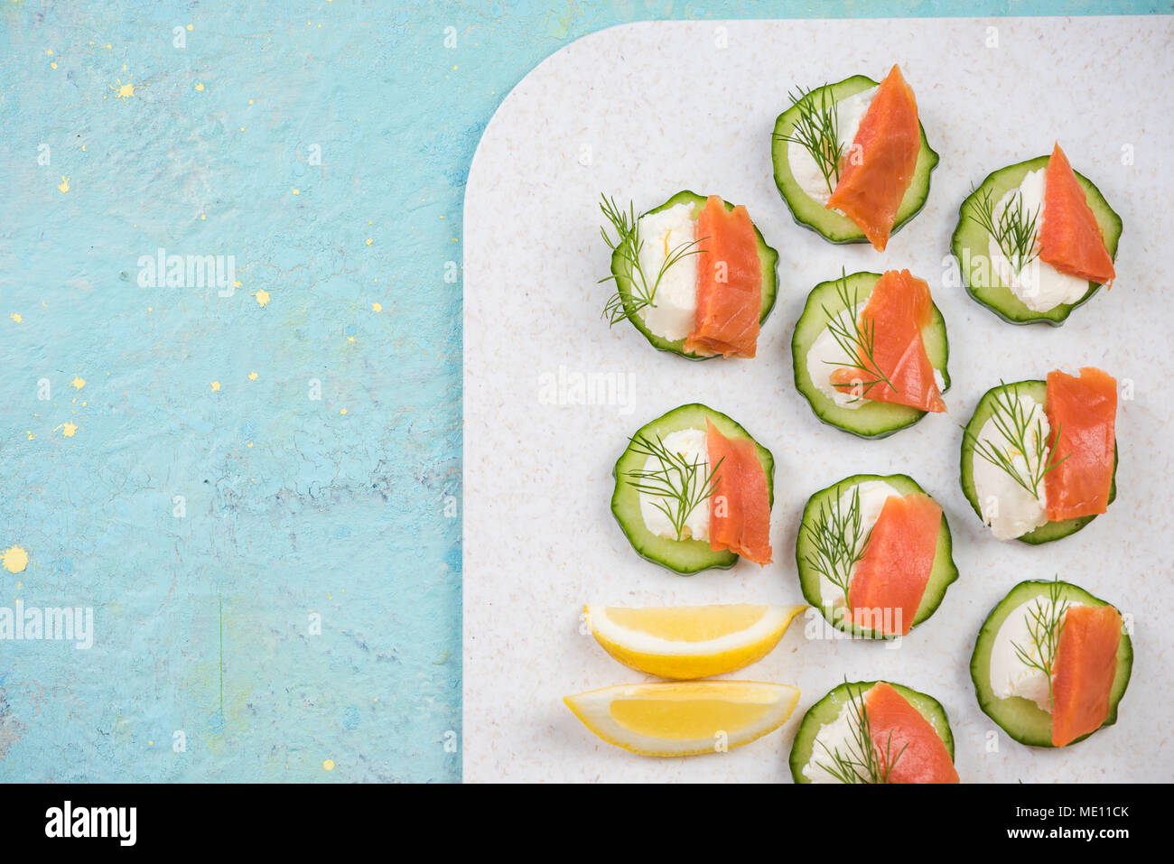 Colorful healthy canapee snack with cucumber. Stock Photo