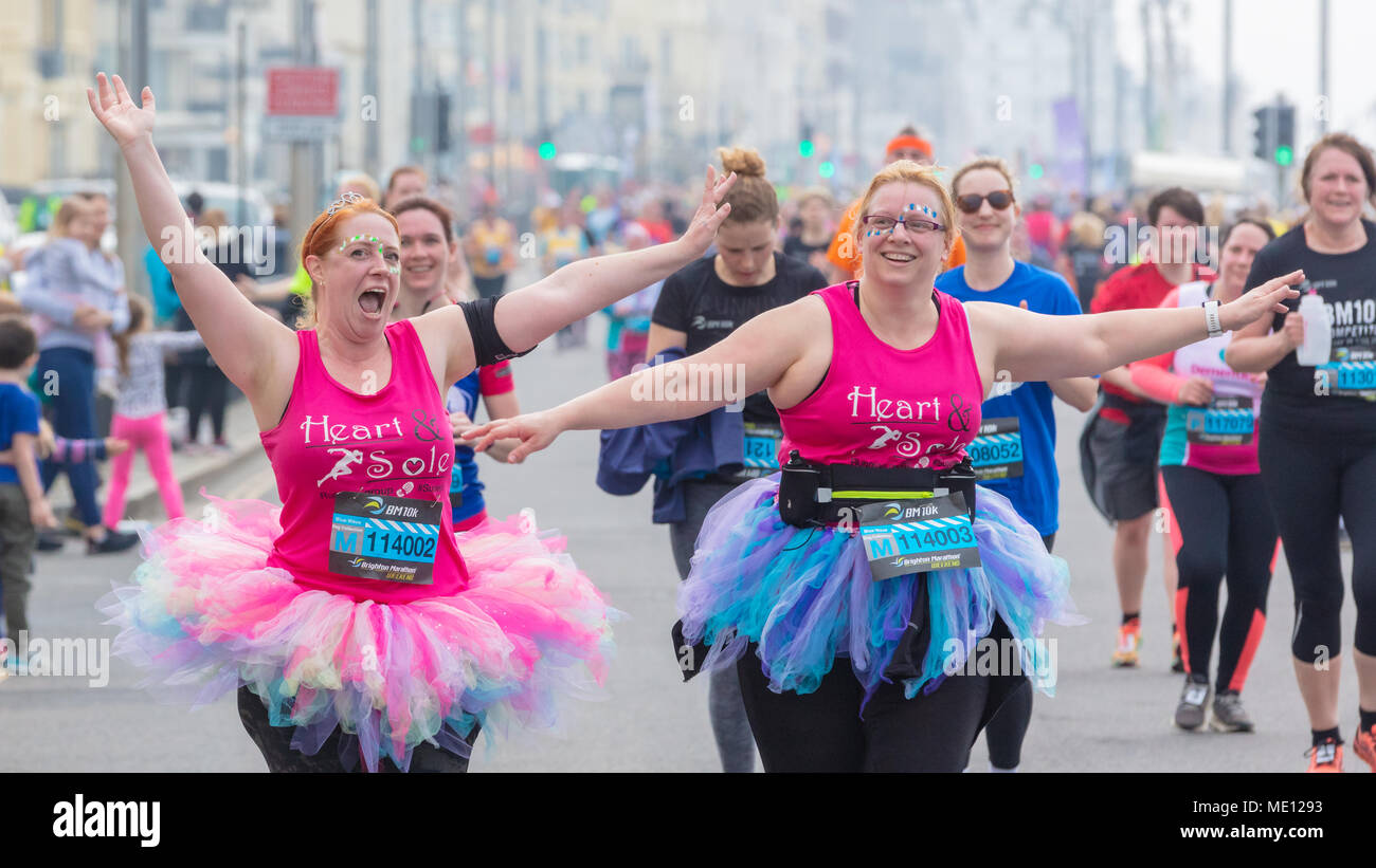 Brighton, Sussex, UK; 15th April 2018; Close Up of Two Women Wearing Pink Tops and Tutus Posing for Camera While Participating in Brighton 10K Race Stock Photo