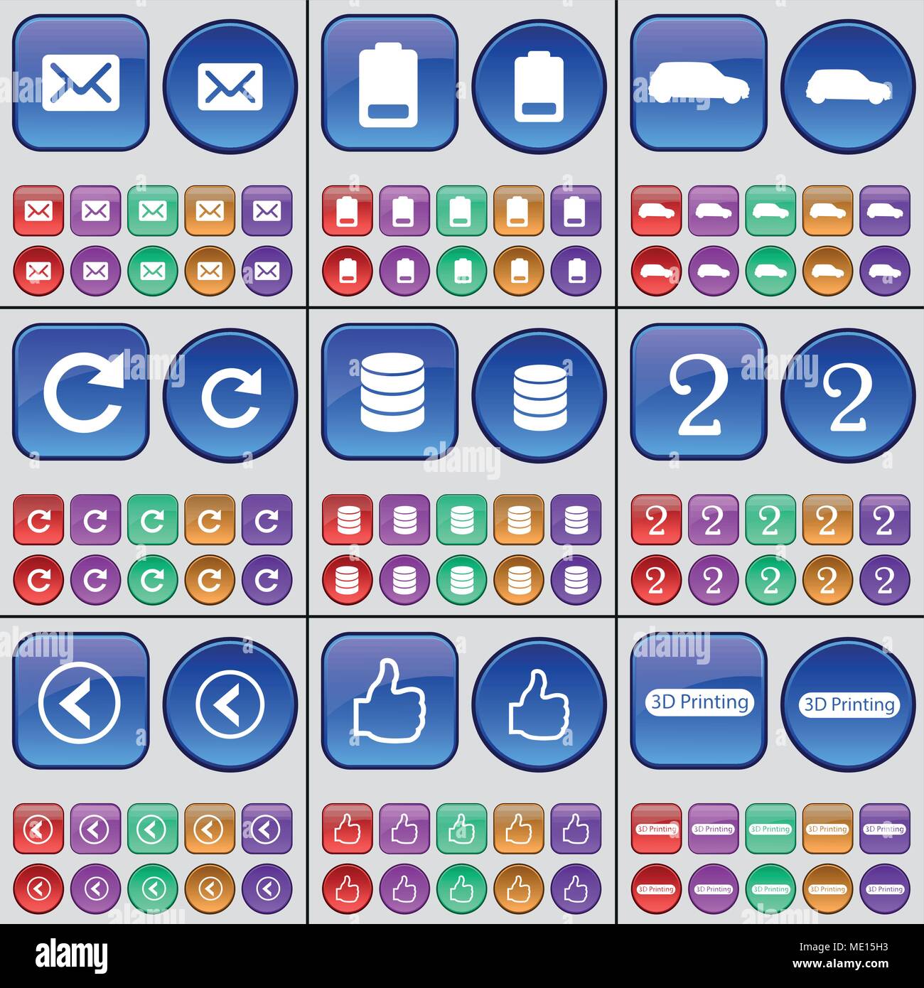 Message, Battery, Car, Reload, Database, Two, Arrow left, Like, 3D Printing. A large set of multi-colored buttons. Vector illustration Stock Vector