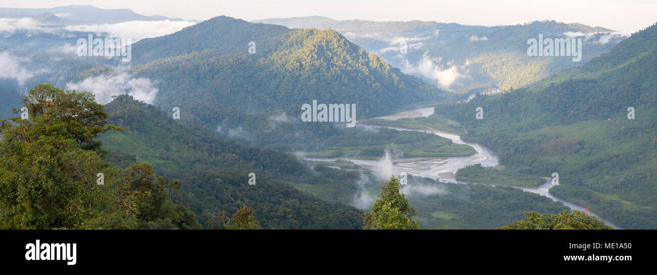 The Rio Abanico Valley, Ecuador, with misty cloudforest covered hillsides. On the Amazonian slopes of the Andes in Morona Santiago province Stock Photo