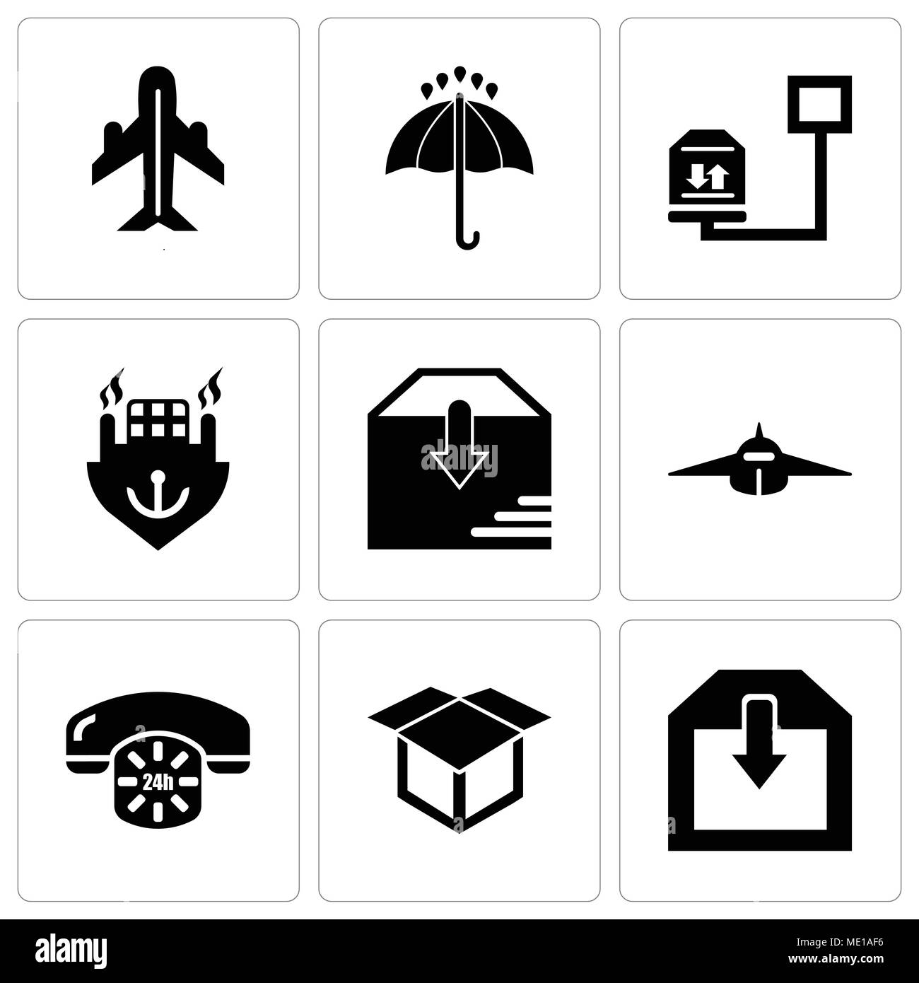 Set Of 9 simple editable icons such as Delivery of a box, Delivery package opened, 24 hours phone service, Airplane frontal view, Package delivery, Oc Stock Vector
