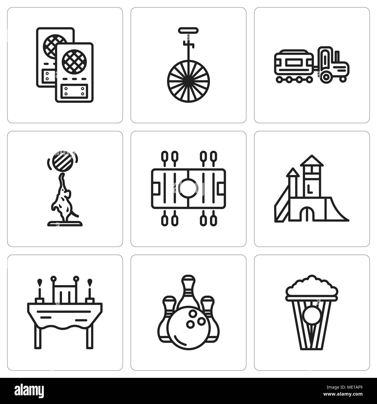 Set Of 9 simple editable icons such as Popcorn, Bowling, Dinner, Playground, Soccer, Elephant, Kid, Circus, Loudspeaker, can be used for mobile, web U Stock Vector