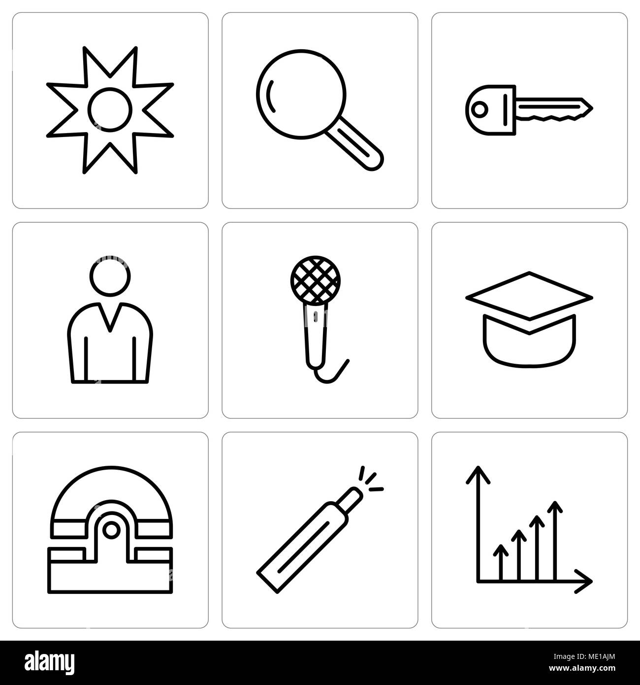 Set Of 9 simple editable icons such as Benefit chart, Battery level, Old phone, Add tool, Voice recorder, Male avatar, Key, Magnifying glass, Star, ca Stock Vector