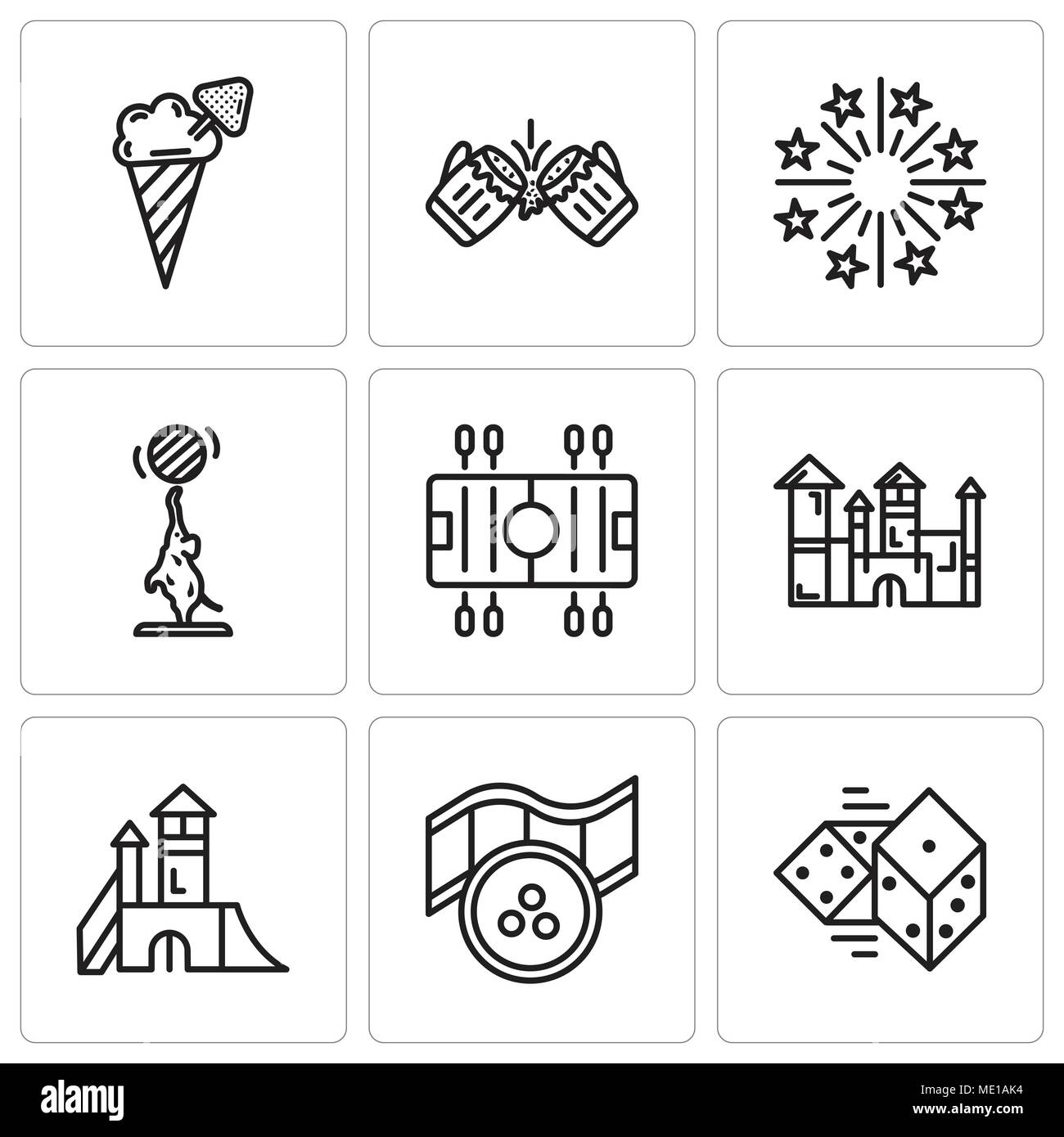 Set Of 9 simple editable icons such as Dices, Movie, Playground, Disneyland, Soccer, Elephant, Fireworks, Beer, Ice cream, can be used for mobile, web Stock Vector