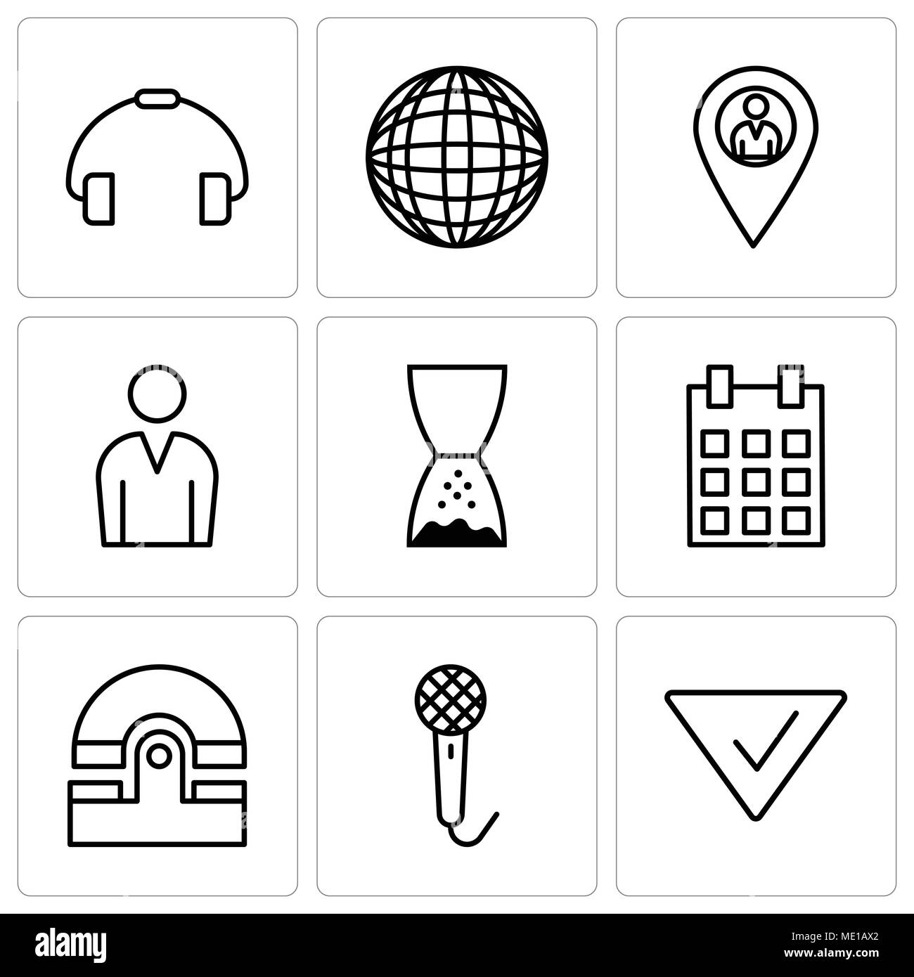 Set Of 9 simple editable icons such as Check mark, Voice recorder, Old phone, Calendar with day 5, Hand pointing to left, Male avatar, Location pointe Stock Vector