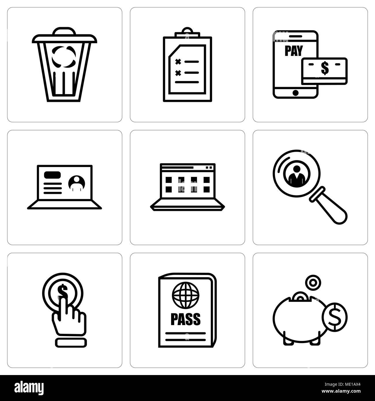 Set Of 9 simple editable icons such as money box, passport, click, search person, computer, laptop, payment, Document, trash, can be used for mobile,  Stock Vector