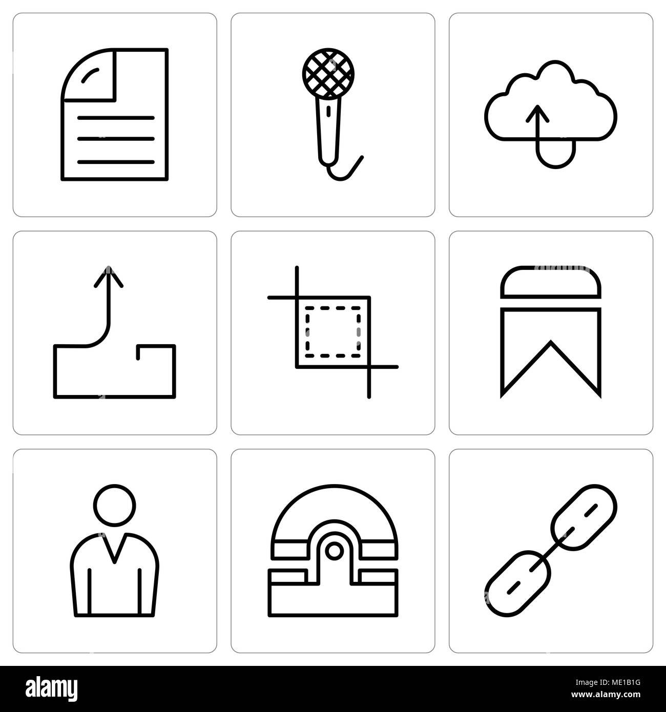 Set Of 9 simple editable icons such as Chain links, Old phone, Male avatar, Bookmark, Cropping tool, Outbox send mail, Uploading files to the cloud, V Stock Vector
