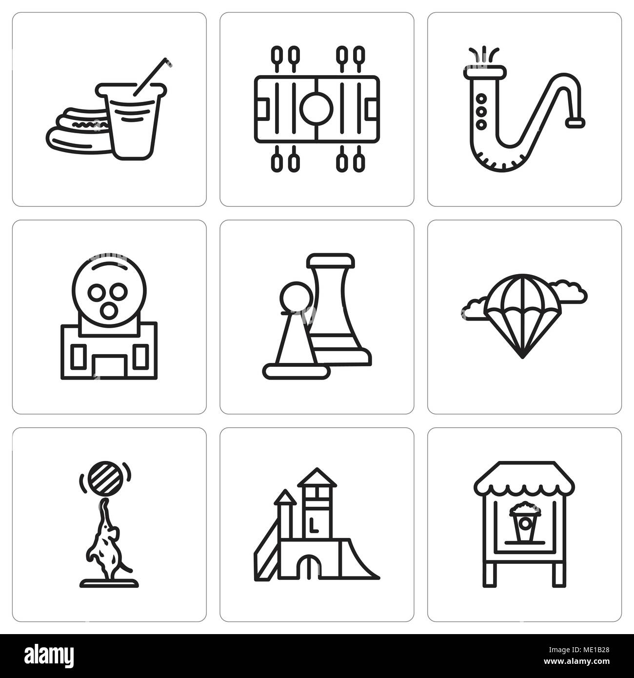 Set Of 9 simple editable icons such as Popcorn, Playground, Elephant, Parachute, Chess, Gum, Saxophone, Soccer, Hot dog, can be used for mobile, web U Stock Vector