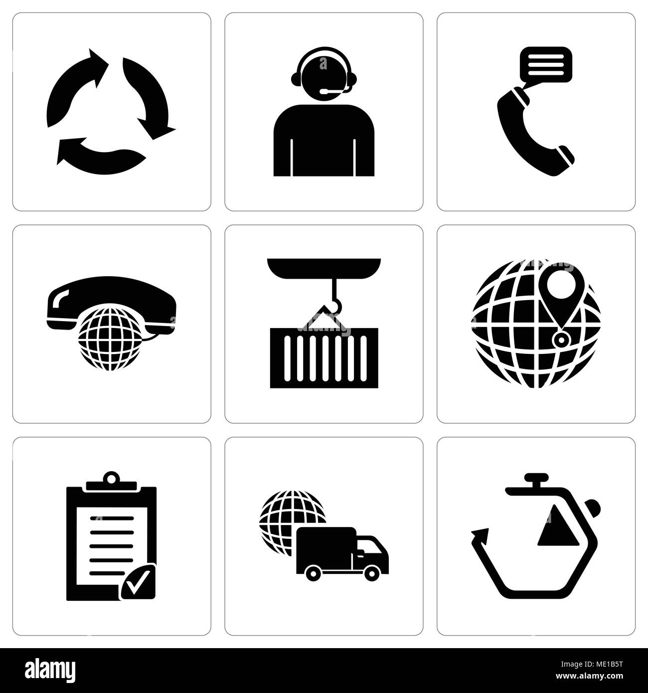 Set Of 9 simple editable icons such as Chronometer, International logistics delivery truck, Clipboard verification, International delivery, Container  Stock Vector