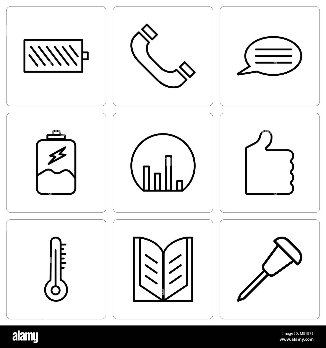 Set Of 9 simple editable icons such as Pushpin, Open book, Mercury thermometer, Thumb up, Bar chart, Battery charging, Speech bubble with text, Headph Stock Vector
