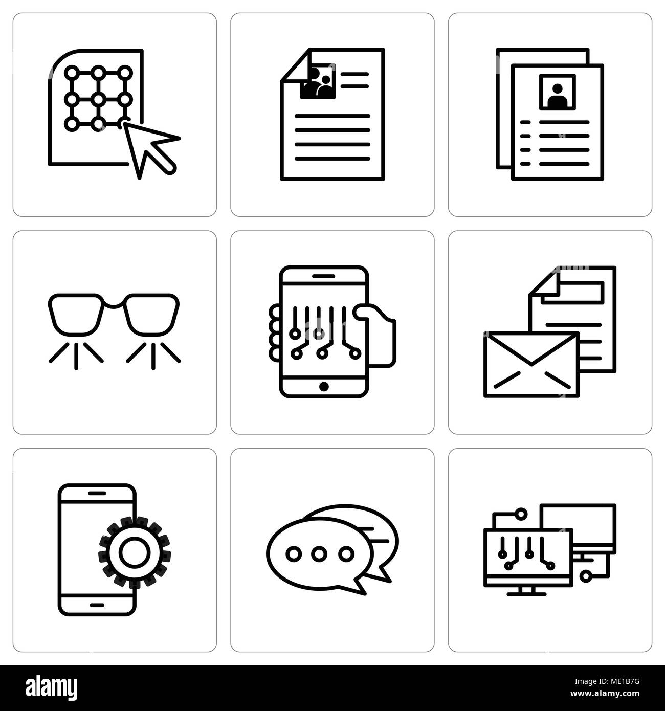 Set Of 9 simple editable icons such as Network, Chat, Setup, Mail, Smartphone, Ar glasses, Flyer, Click, can be used for mobile, web UI Stock Vector