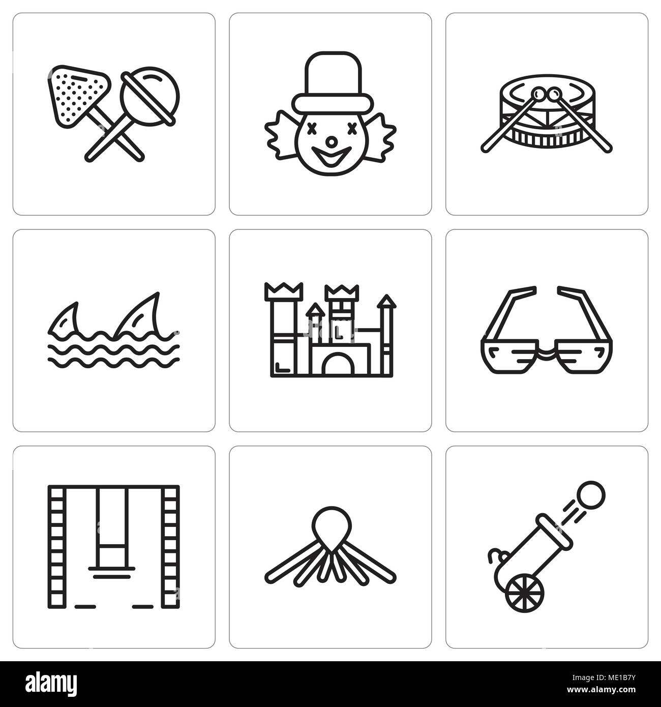 Set Of 9 simple editable icons such as Cannon, Balloon dog, Swings, 3d glasses, Castle, Sharks, Drums, Clown, Candy, can be used for mobile, web UI Stock Vector