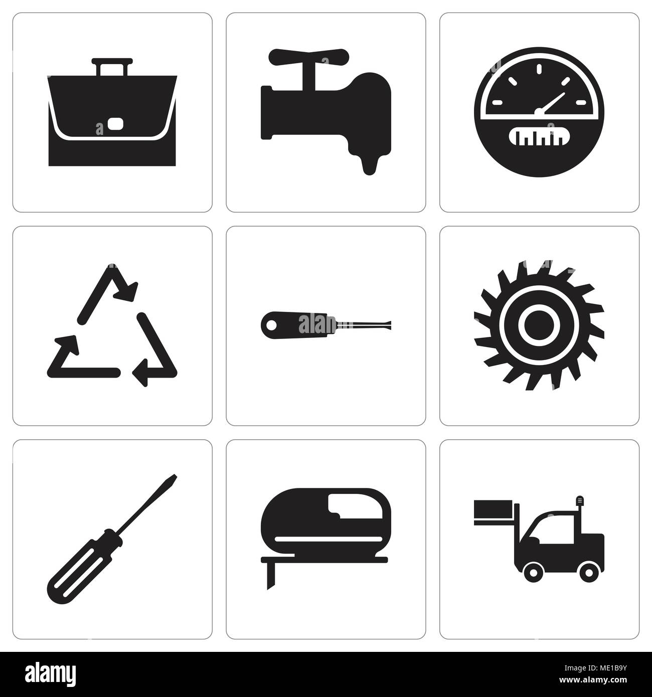 Set Of 9 simple editable icons such as lorry, jigsaw, screwdriver, saw blade, turn-screw, triangle, speedometer, crane, bag, can be used for mobile, w Stock Vector