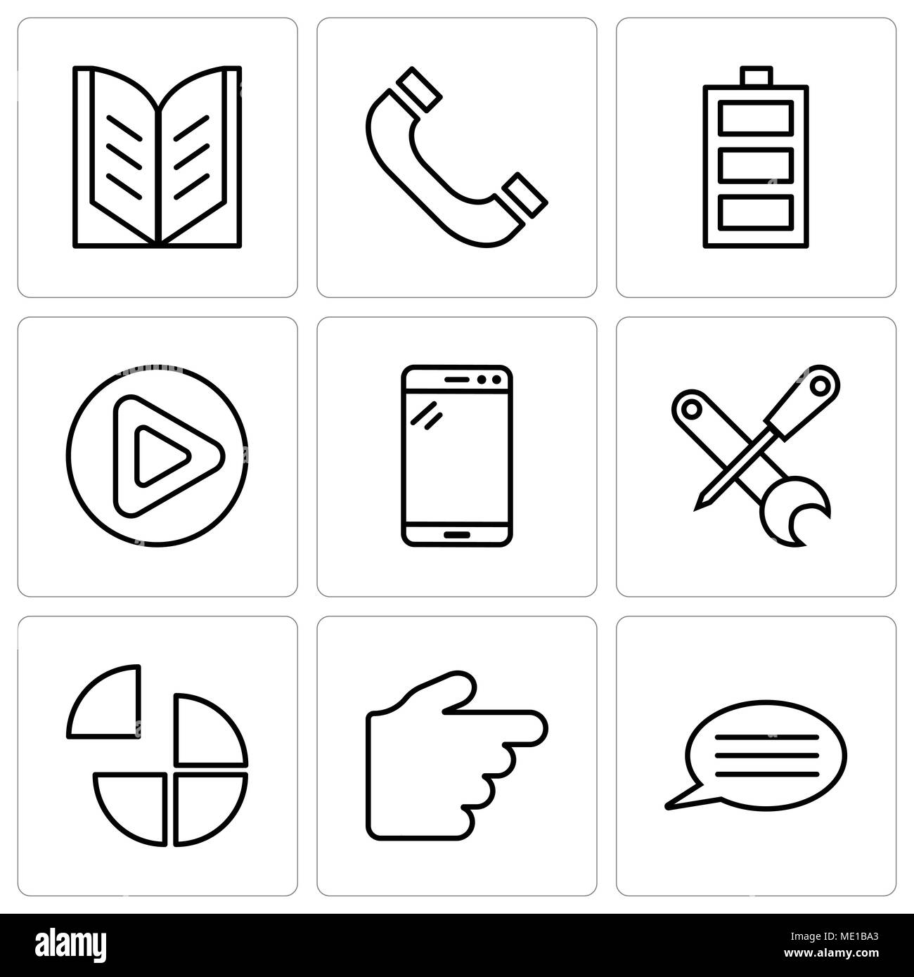 Set Of 9 simple editable icons such as Speech bubble with text, Hand pointing to right, Pie chart, Screwdriver and wrench, Tablet, Play button, Batter Stock Vector