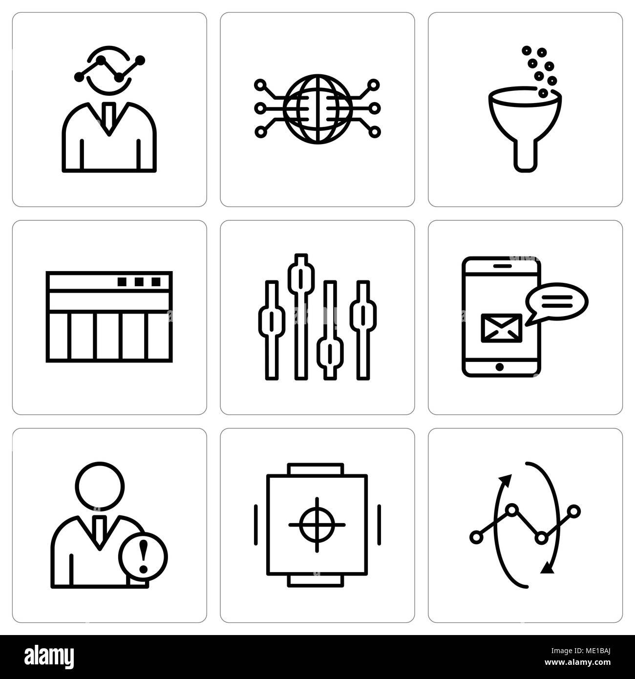 Set Of 9 simple editable icons such as Data analytics interface circles, Safe box, Data analytics, Data analytics bars, Box plot chart, Table for data Stock Vector