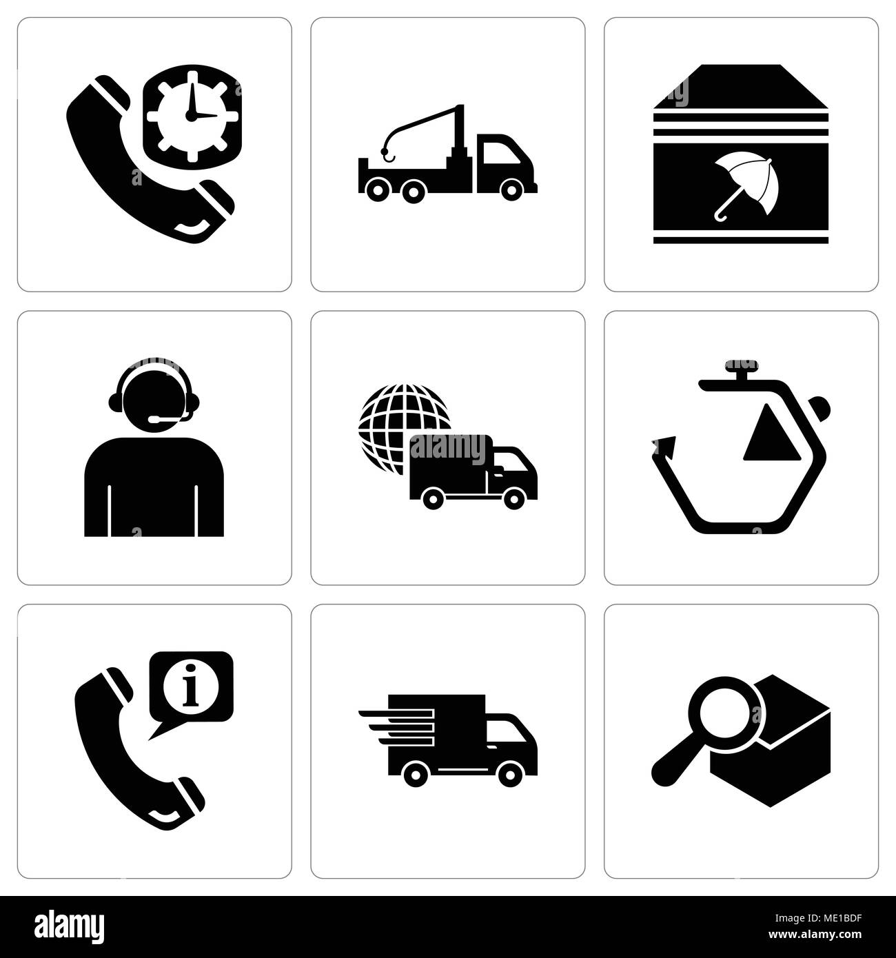 Set Of 9 simple editable icons such as Search delivery service tool, Logistics delivery truck in movement, Call center service for information, Chrono Stock Vector