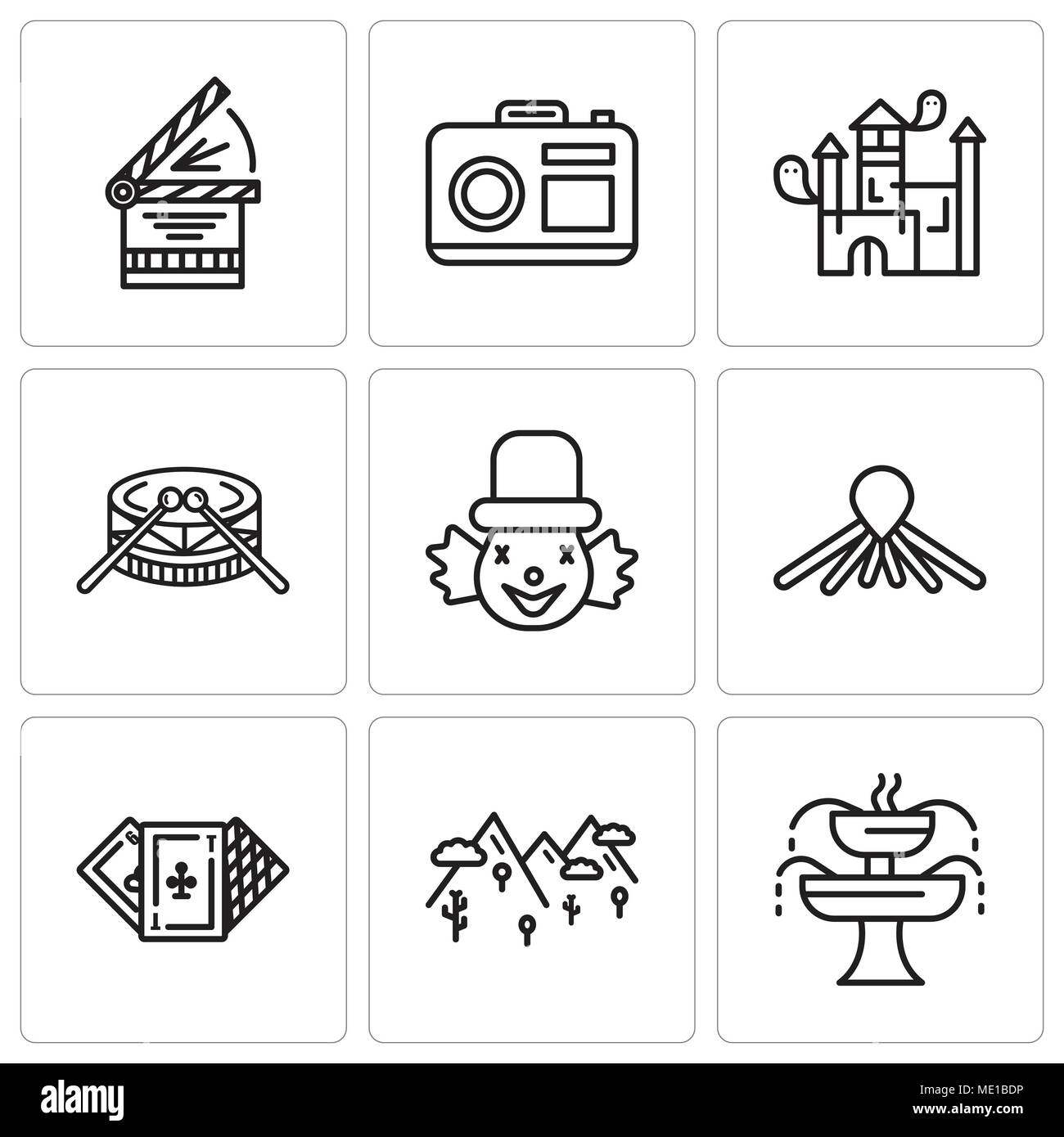 Set Of 9 simple editable icons such as Fountain, Mountains, Casino, Balloon dog, Clown, Drums, House, Camera, Clapperboard, can be used for mobile, we Stock Vector
